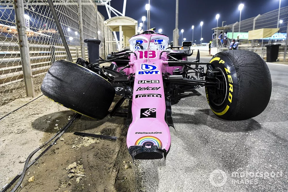 The damaged car of Lance Stroll, Racing Point RP20, after a crash with Daniil Kvyat, AlphaTauri AT01, resulted in the car overturning