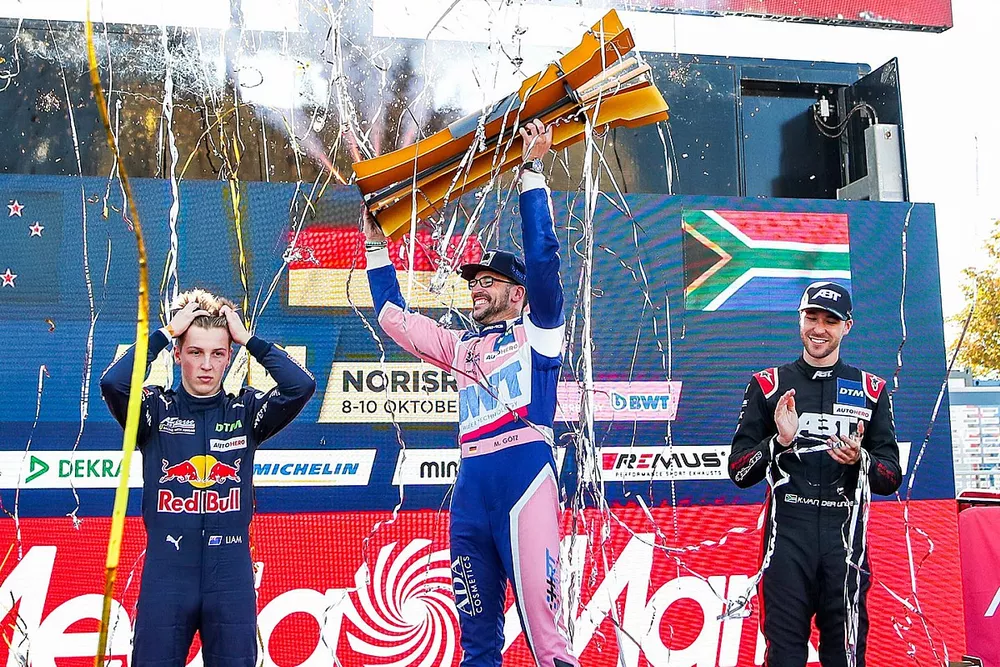 Champion podium: Champion Maximilian G&ouml;tz, Haupt Racing Team, second place Liam Lawson, AF Corse, third place Kelvin van der Linde, Abt Sportsline
