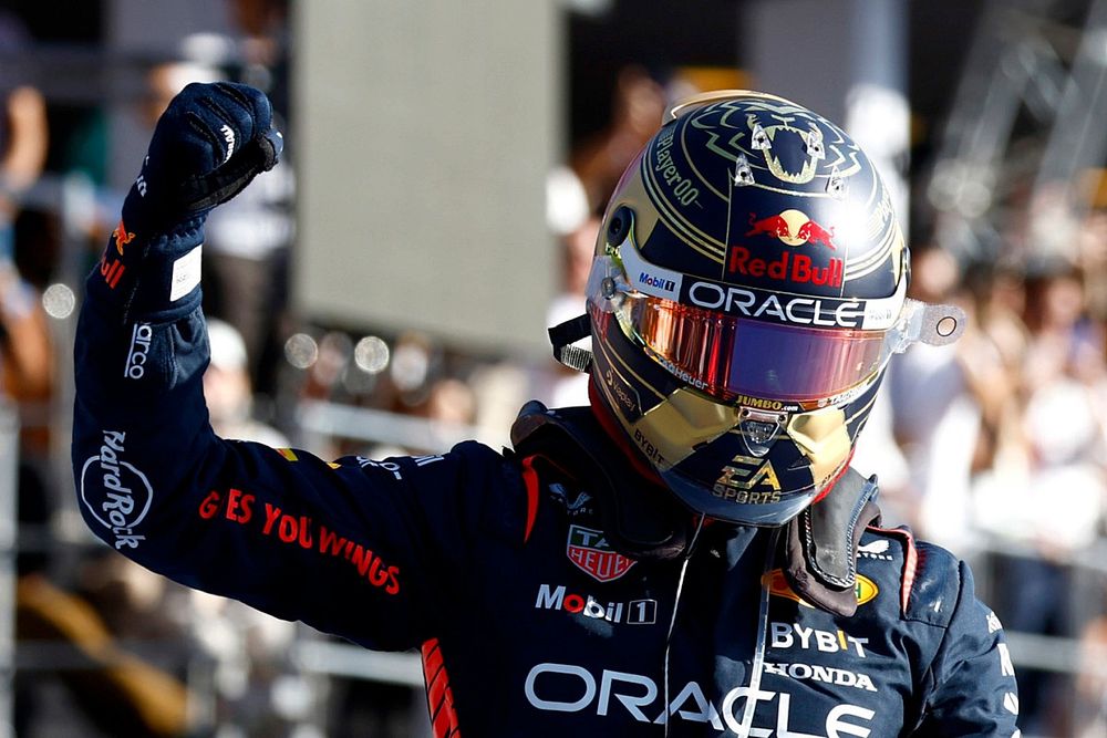 Max Verstappen, Red Bull Racing, 1st position, celebrates on arrival in Parc Ferme