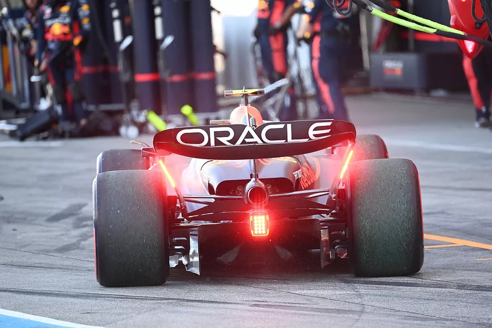 Sergio Perez, Red Bull Racing RB19, in the pit lane