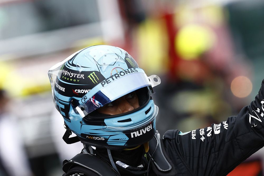 George Russell, Mercedes-AMG, 3rd position, in Parc Ferme