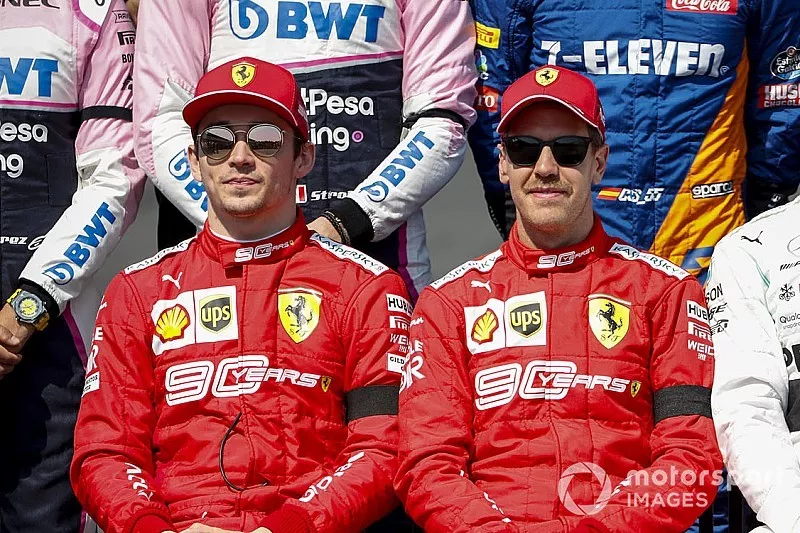 Charles Leclerc, Ferrari, Sebastian Vettel, Ferrari y Lewis Hamilton, Mercedes AMG F1