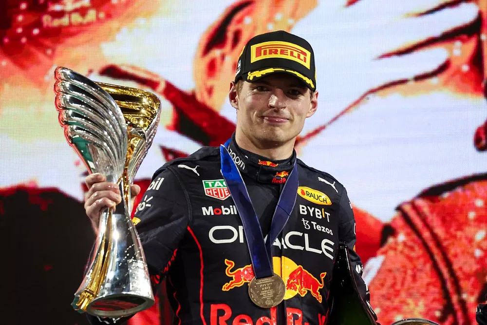Max Verstappen, Red Bull Racing, 1st position, with his trophy
