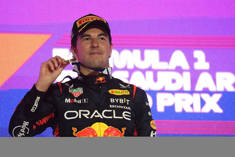 Sergio Perez, Red Bull Racing, 1st position, with his medal