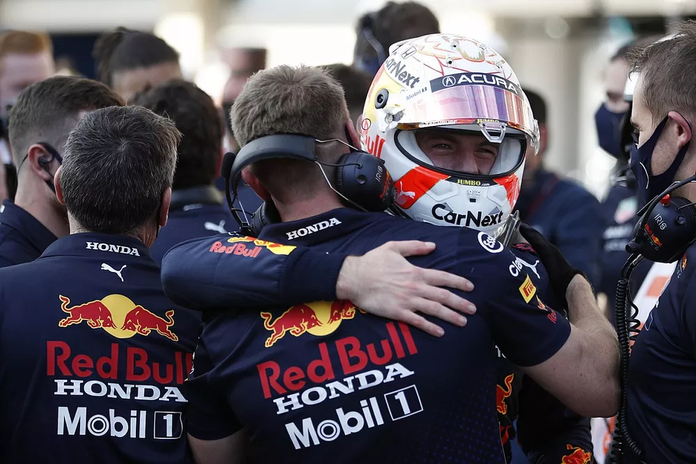 Max Verstappen, Red Bull Racing, is congratulated by his team in Parc Ferme after securing pole