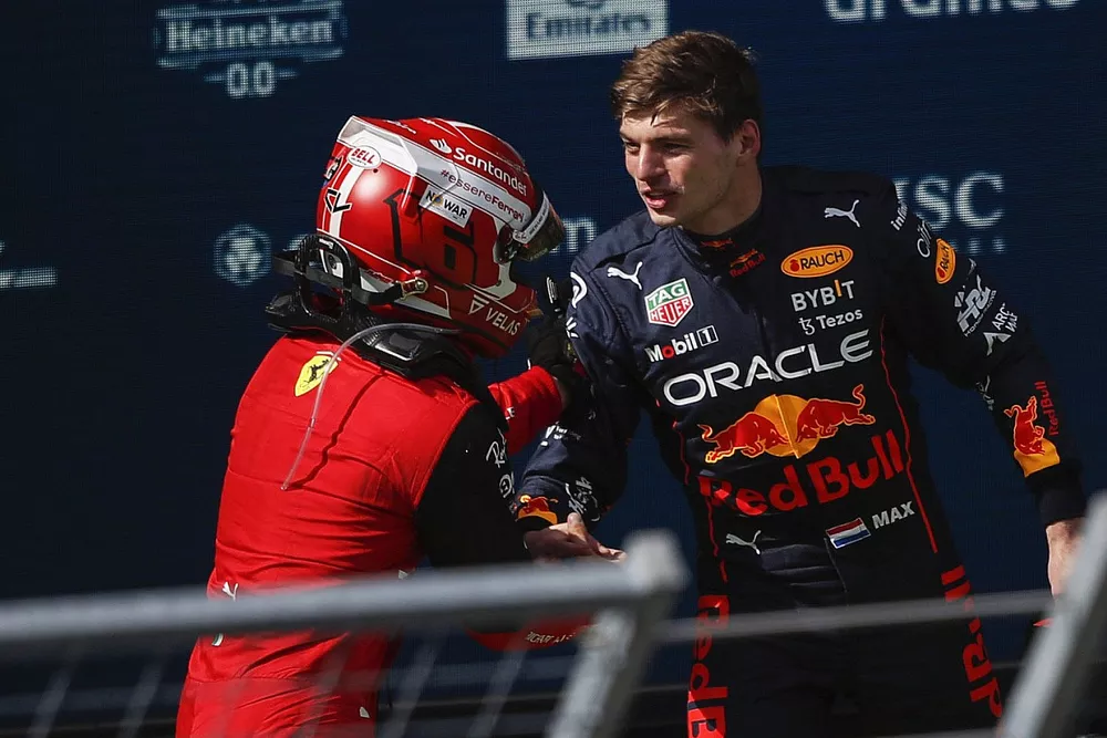 Max Verstappen, Red Bull Racing, 2nd position, congratulates Charles Leclerc, Ferrari, 1st position, in Parc Ferme 