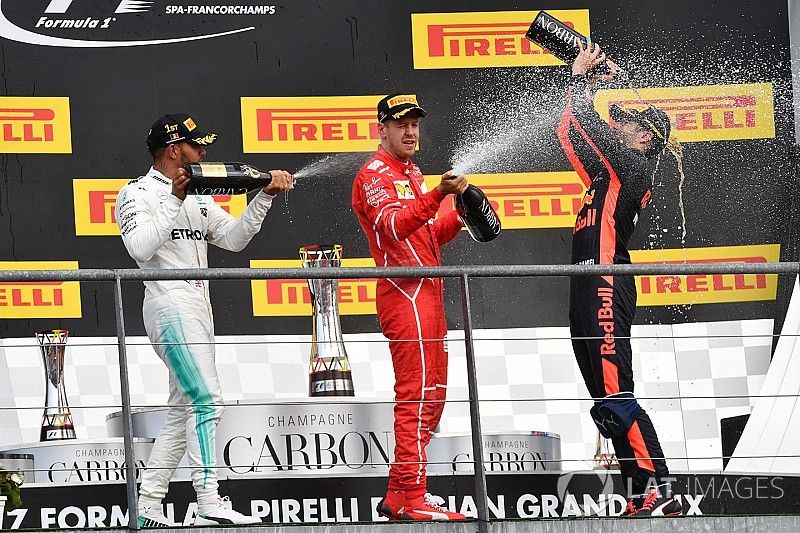 Podium: Race winner Lewis Hamilton, Mercedes AMG, second place Sebastian Vettel, Ferrari, third place Daniel Ricciardo, Red Bull Racing