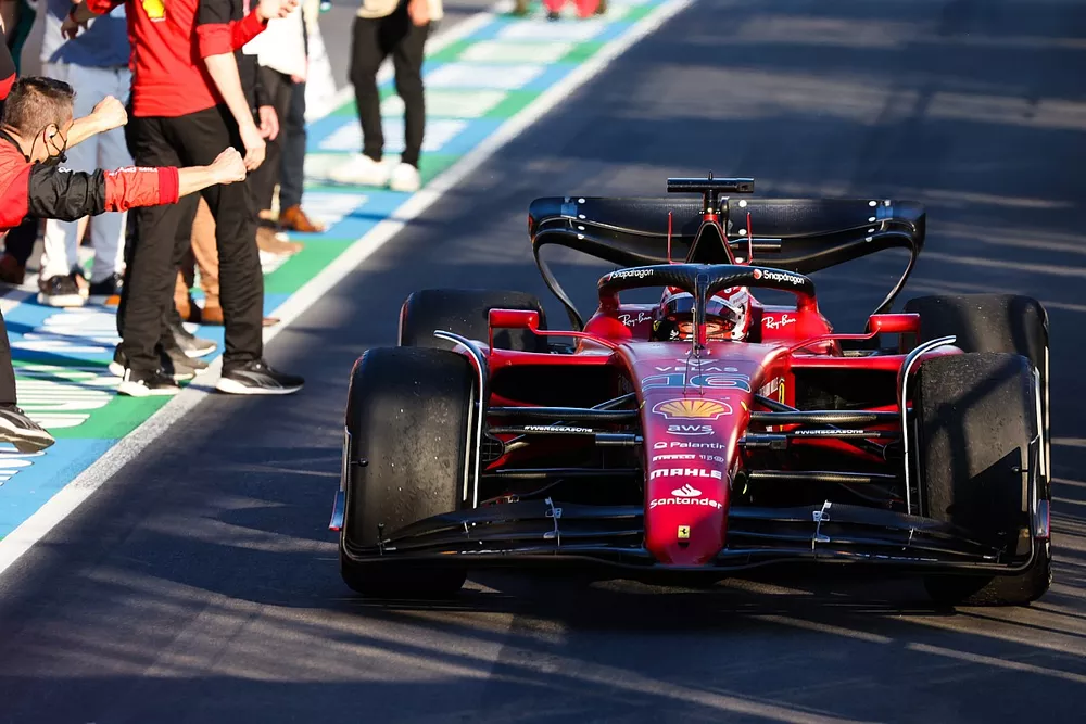 Race winner Charles Leclerc, Ferrari F1-75, 1st position, drives in to Parc Ferme