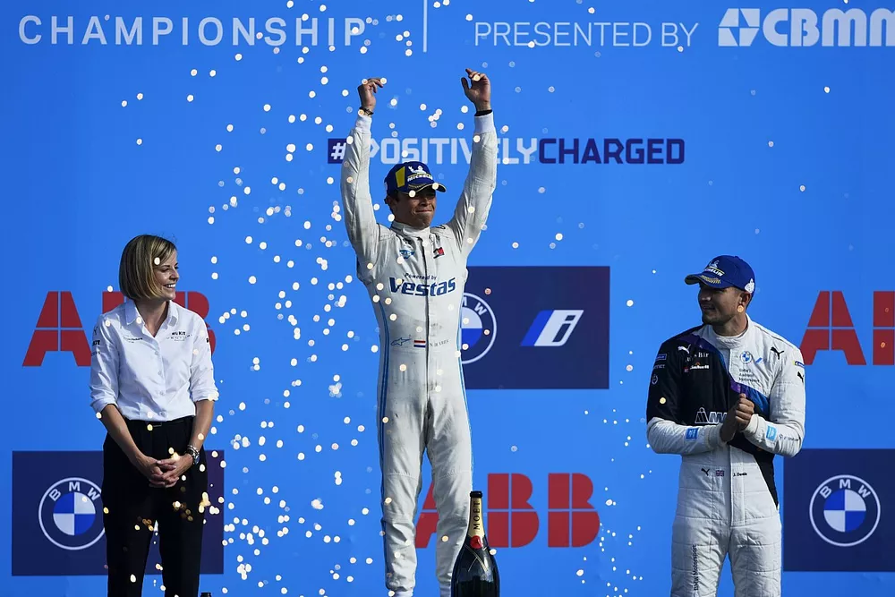 Champion Nyck de Vries, Mercedes-Benz EQ, on the top step, Susie Wolff, Team Principal, Venturi Racing, Jake Dennis, BMW i Andretti Motorsport