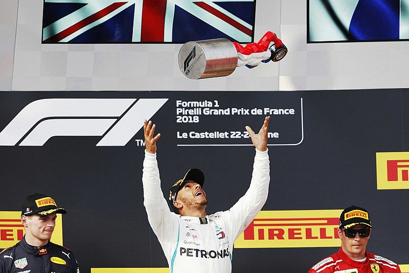 Winner Lewis Hamilton, Mercedes AMG F1, second place Max Verstappen, Red Bull Racing, third place Kimi Raikkonen, Ferrari, on the podium