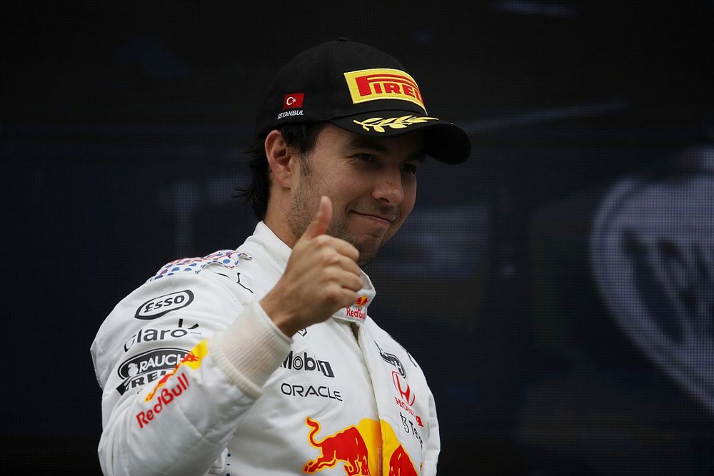 Sergio Perez, Red Bull Racing, 3rd position, on the podium