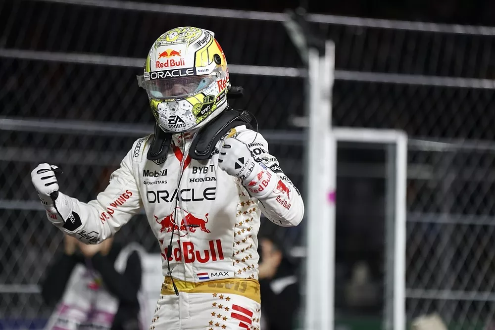 Max Verstappen, Red Bull Racing, 1st position, celebrates on arrival in Parc Ferme