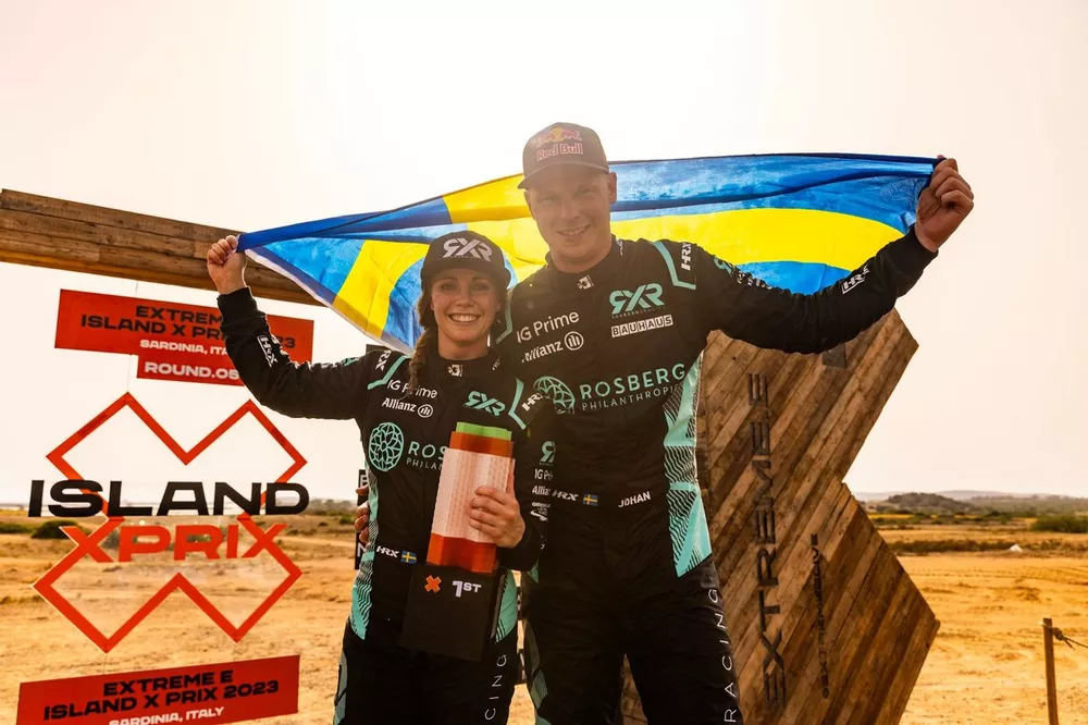 Mikaela Ahlin-Kottulinsky, Johan Kristoffersson, Rosberg X Racing, 1st position, with the Swedish flag on the podium