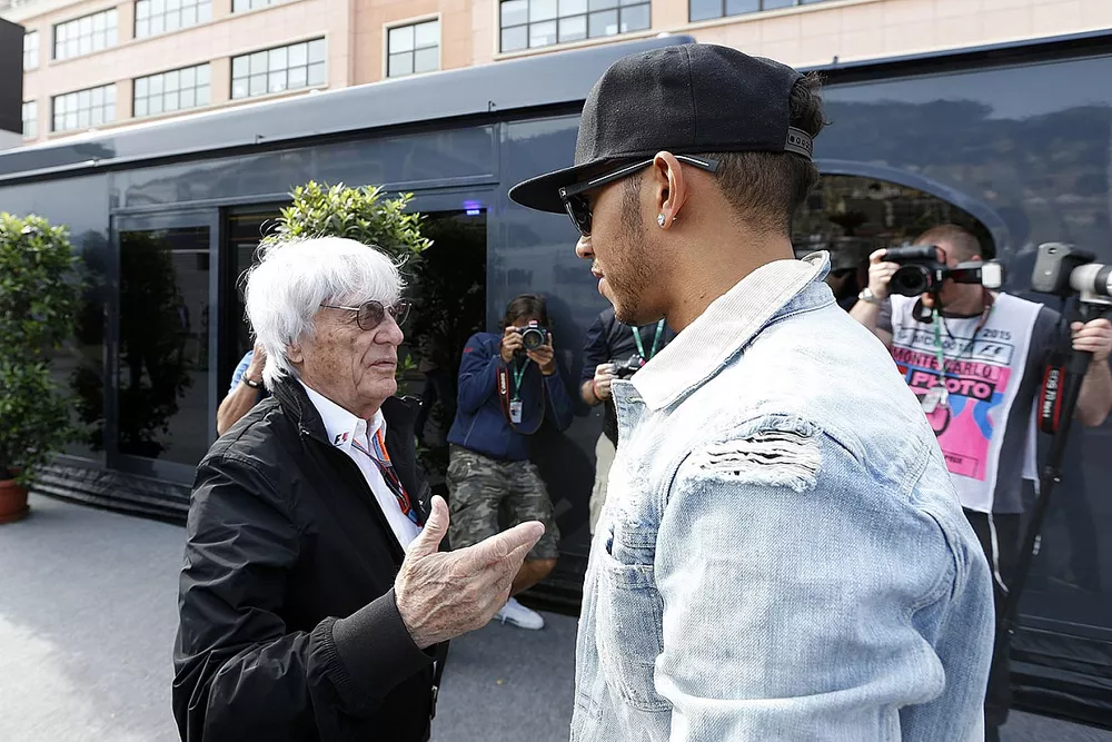 Bernie Ecclestone, CEO and President, FOM, and Lewis Hamilton, Mercedes AMG