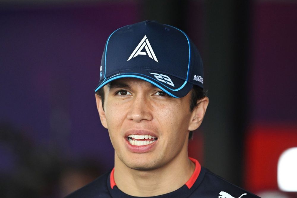 Alex Albon, Williams Racing, talks to the media
