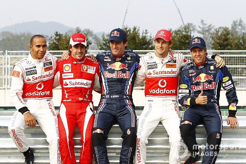 Lewis Hamilton, McLaren, Fernando Alonso, Ferrari, Mark Webber, Red Bull Racing, Jenson Button, McLaren and Sebastian Vettel, Red Bull Racing