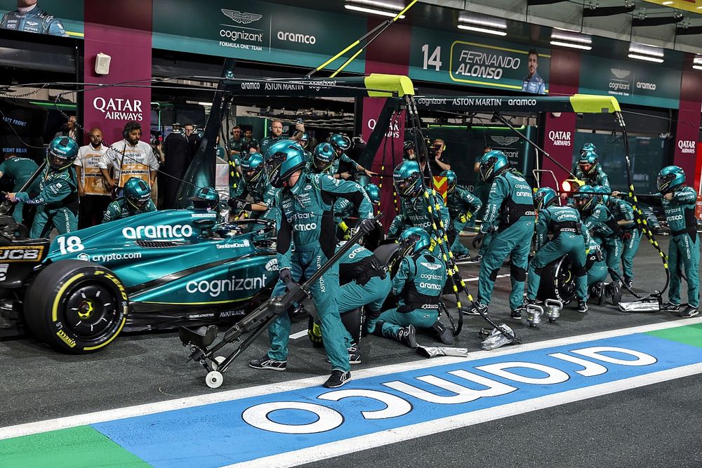 Lance Stroll, Aston Martin AMR23, makes a pit stop