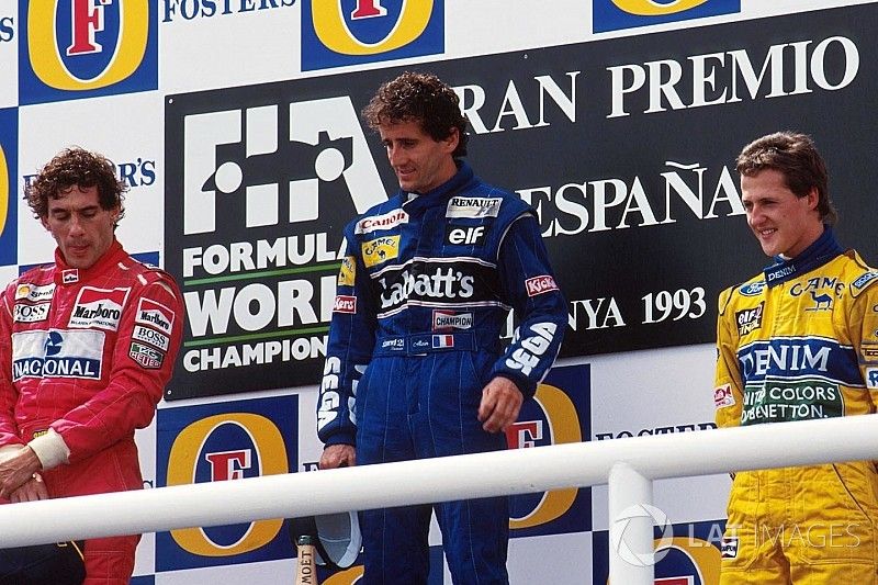 Podio: ganador de la carrera Alain Prost, Williams, segundo lugar Ayrton Senna, McLaren y tercer lugar Michael Schumacher, Benetton