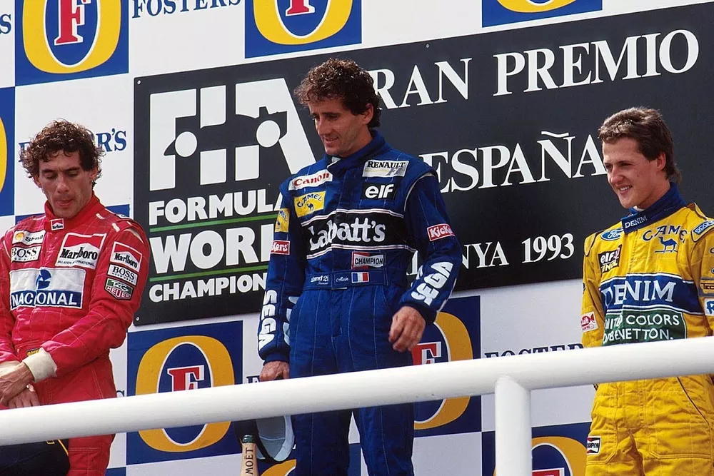 Podio: ganador de la carrera Alain Prost, Williams, segundo lugar Ayrton Senna, McLaren y tercer lugar Michael Schumacher, Benetton