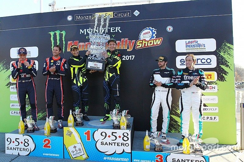 Ganadores, Valentino Rossi, Carlo Cassina, Ford Fiesta WRC, segundo, Andreas Mikkelsen, Thierry Neuville, Hyundai NG i20 WRC, tercero, Marco Bonanomi, Gigi Pirollo, Citro&euml;n DS3 WRC