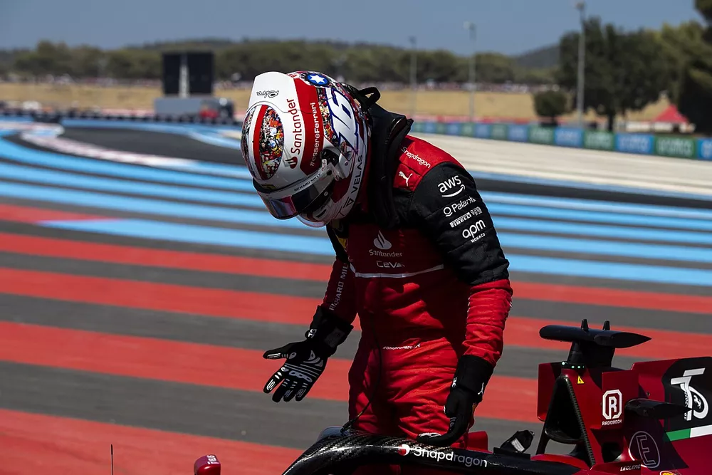 Charles Leclerc, Ferrari F1-75, exits his car after crashing out at Le Beausset
