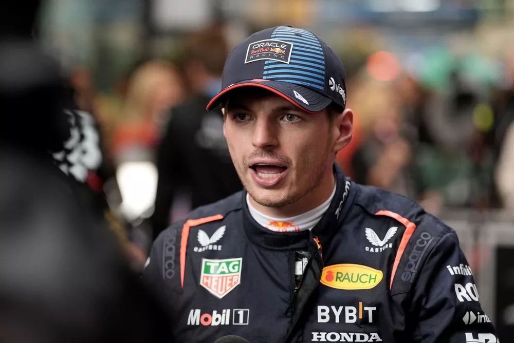 Max Verstappen, Red Bull Racing, talks to the media 