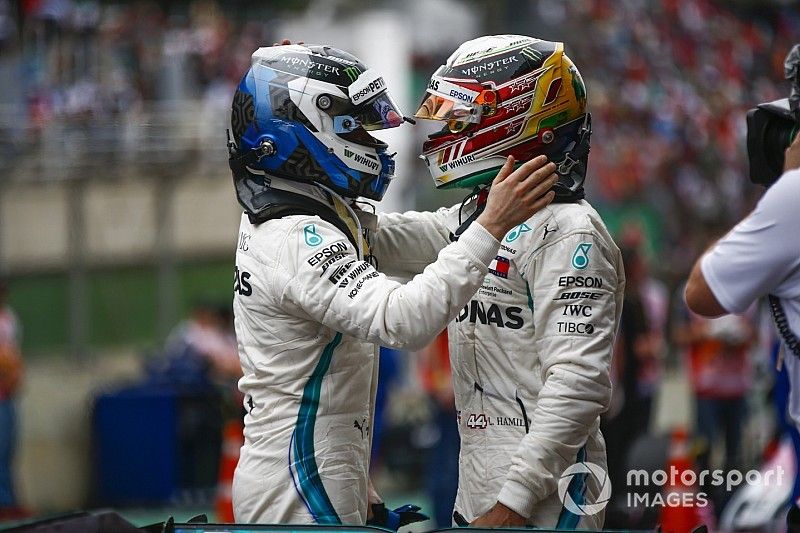 Lewis Hamilton, Mercedes AMG F1, celebrates victory in parc ferme, with Valtteri Bottas, Mercedes AMG F1. 