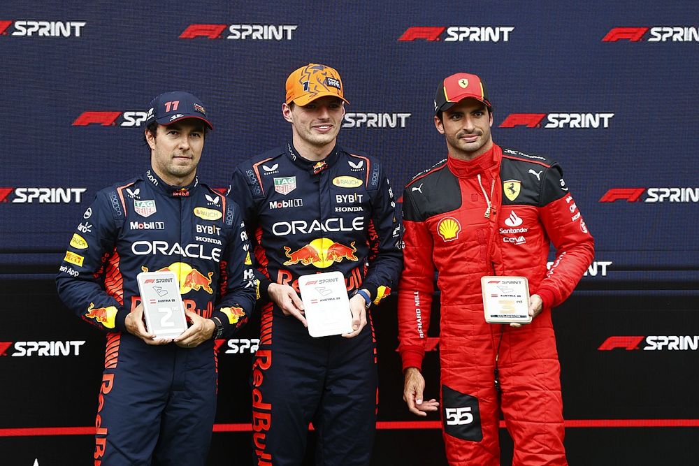 Sergio Perez, Red Bull Racing, 2nd position, Max Verstappen, Red Bull Racing, 1st position, Carlos Sainz, Scuderia Ferrari, 3rd position, with their Sprint trophies