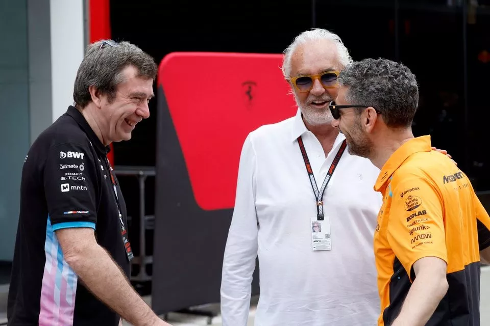 Bruno Famin, Team Principal, Alpine F1 Team, Flavio Briatore, Executive Advisor, Alpine F1 and Andrea Stella, Team Principal, McLaren F1 Team