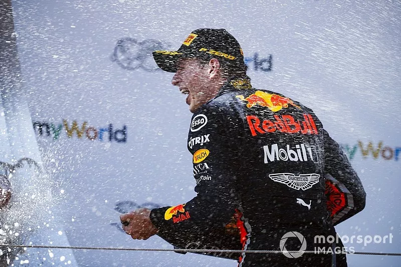 Max Verstappen, Red Bull Racing, 1st position, celebrates on the podium