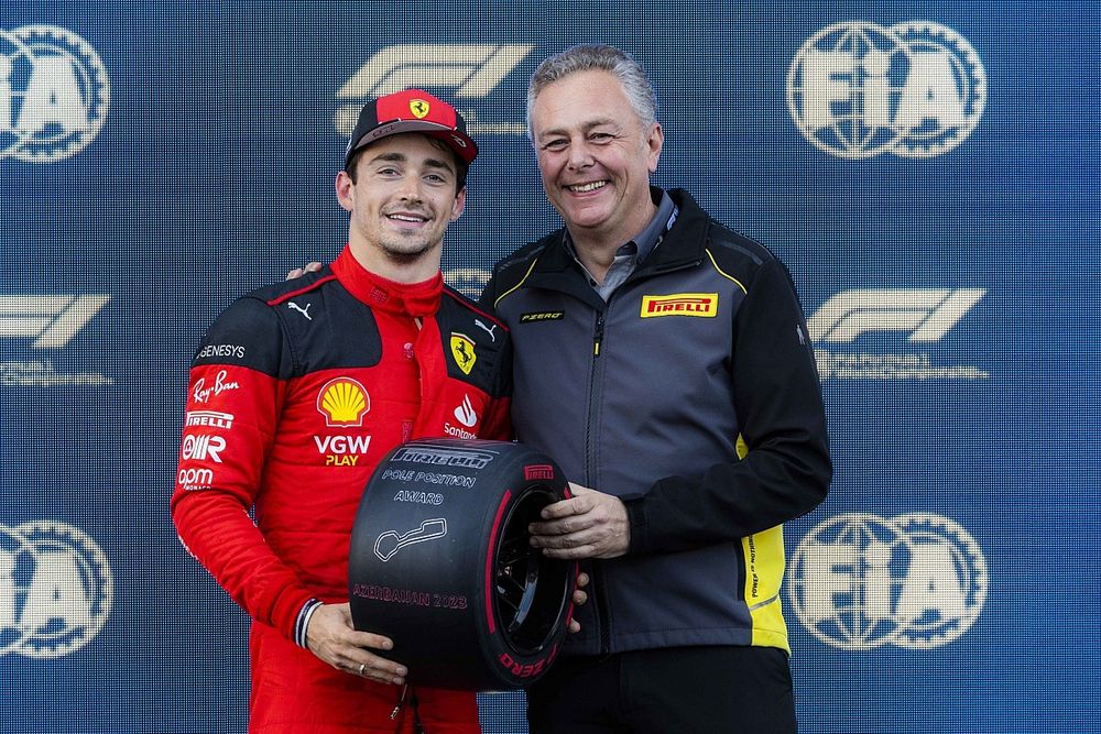 Mario Isola, Racing Manager, Pirelli Motorsport, presents Charles Leclerc, Scuderia Ferrari, with the Pirelli Pole Position award