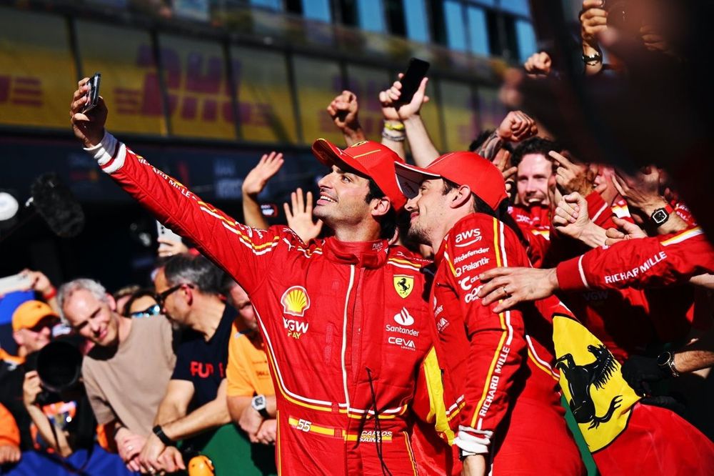 Carlos Sainz, Scuderia Ferrari, 1st position, Charles Leclerc, Scuderia Ferrari, 2nd position, celebrate by taking a selfie in Parc Ferme 