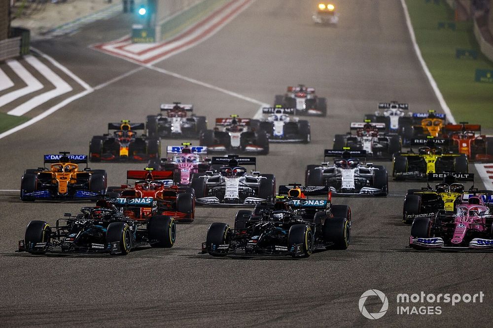 George Russell, Mercedes F1 W11, Valtteri Bottas, Mercedes F1 W11, Sergio Perez, Racing Point RP20, Charles Leclerc, Ferrari SF1000, Max Verstappen, Red Bull Racing RB16, Daniel Ricciardo, Renault F1 Team R.S.20, and the rest o