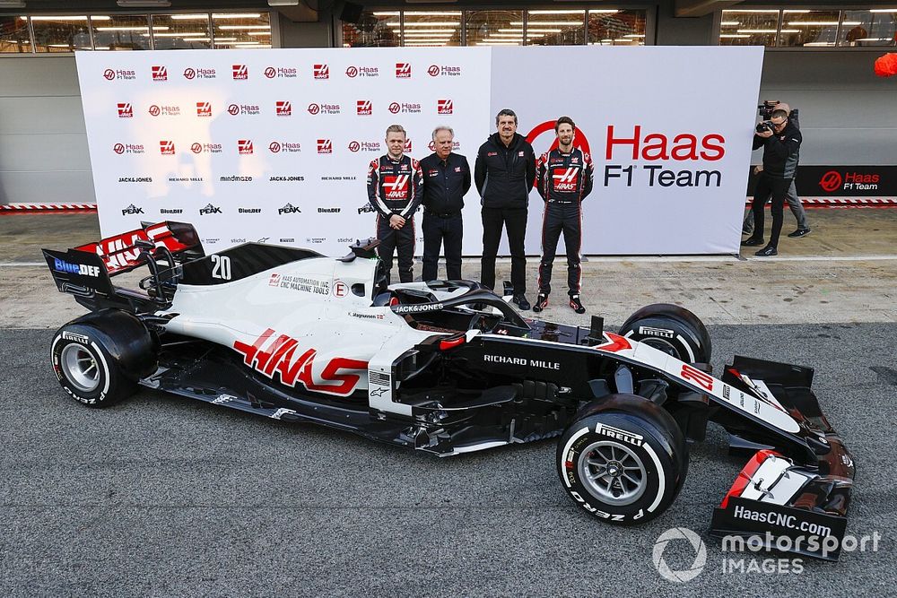Kevin Magnussen, Haas F1 Team and Romain Grosjean, Haas F1 Team reveal the VF-20 with Gene Haas, Owner and Founder, Haas F1 Team and Guenther Steiner, Team Principal, Haas F1 Team
