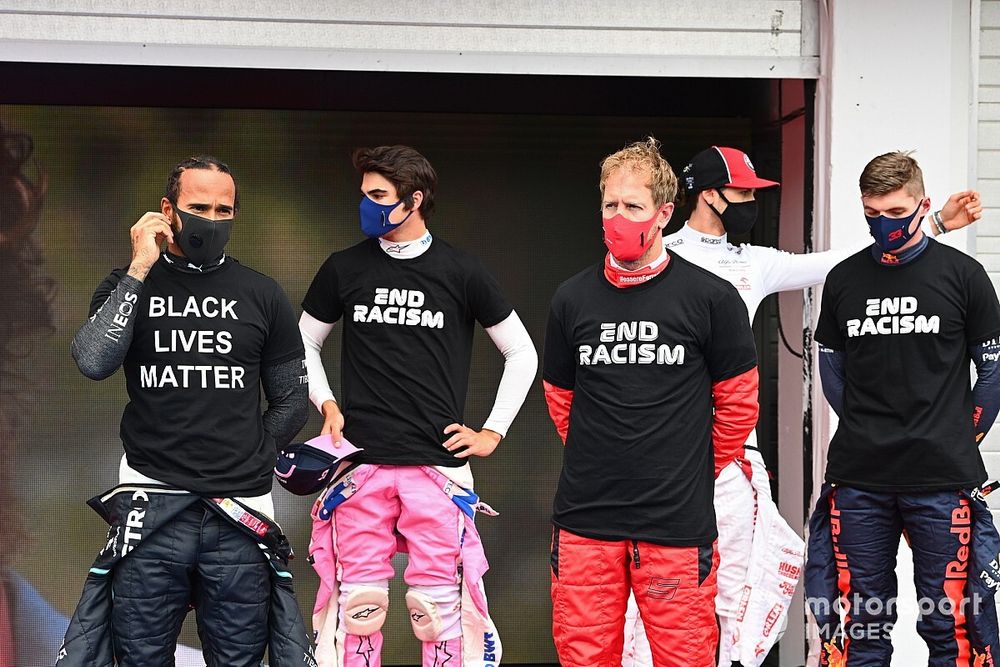 Lewis Hamilton, Mercedes-AMG Petronas F1, Lance Stroll, Racing Point, Sebastian Vettel, Ferrari, and Max Verstappen, Red Bull Racing, stand in support of the End Racism campaign