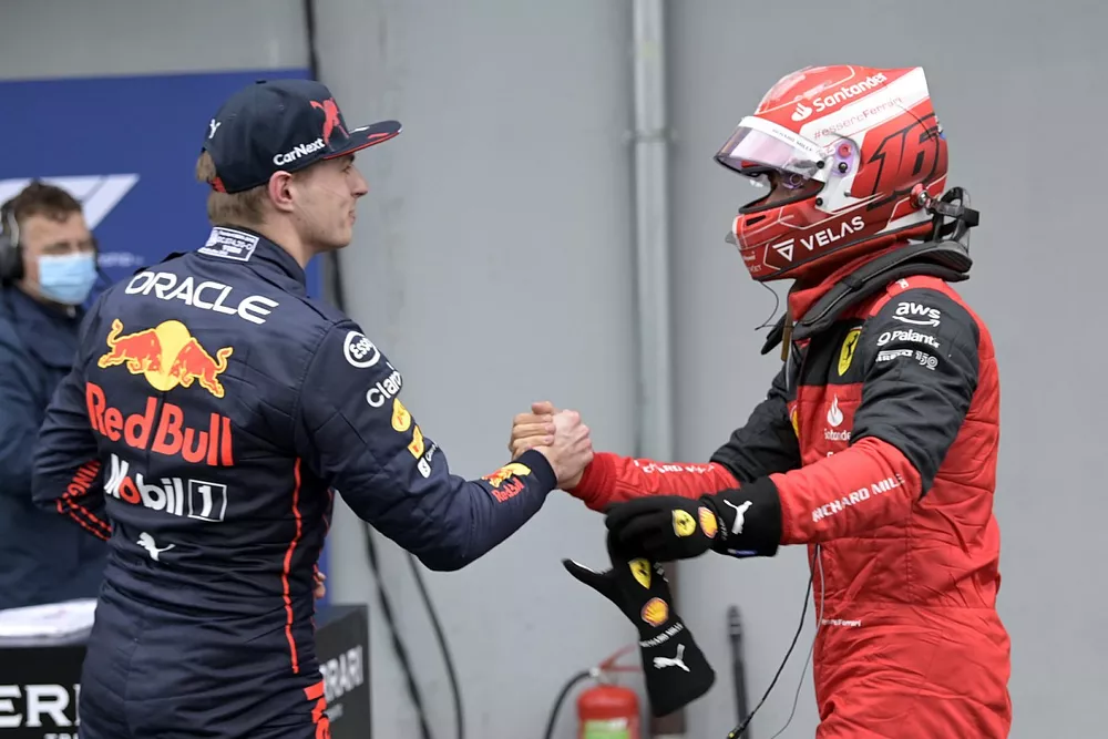 Pole man Max Verstappen, Red Bull Racing, Charles Leclerc, Ferrari, in Parc Ferme after Qualifying