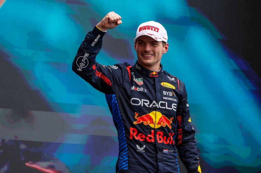 Max Verstappen, Red Bull Racing, 1st position, celebrates on the podium