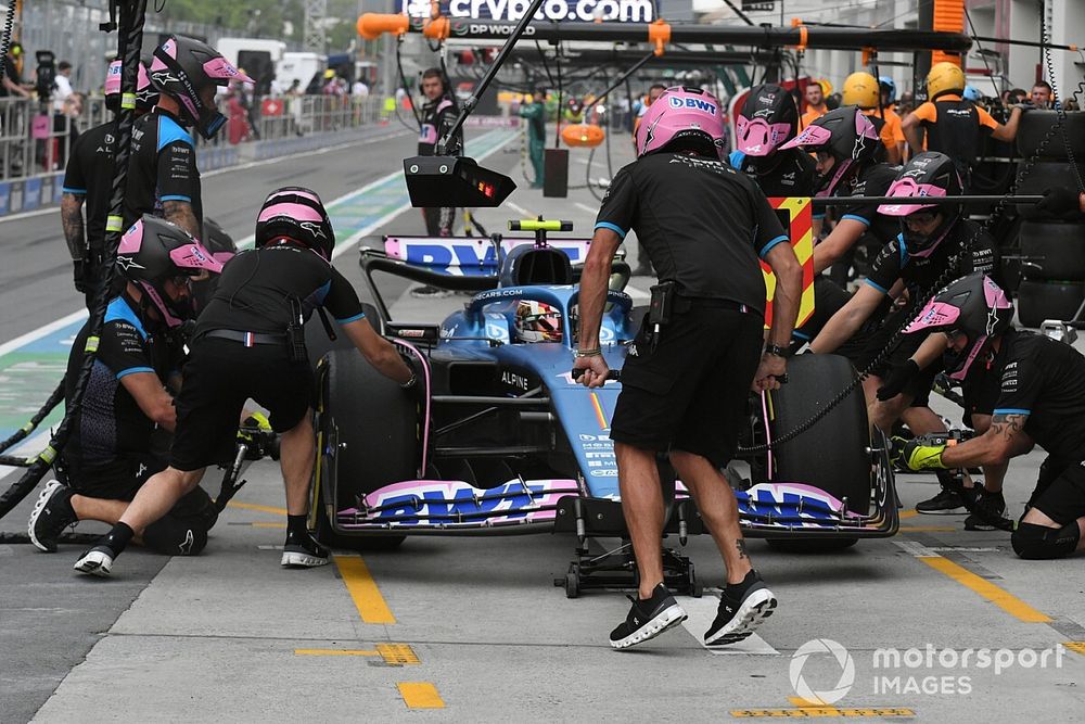 Pierre Gasly, Alpine A523, in the pits during FP2