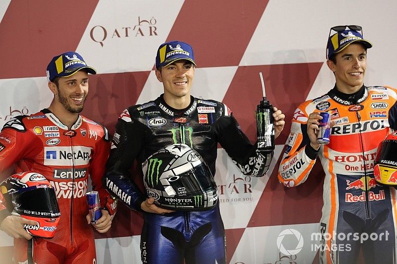 Top 3 después de la clasificación, Andrea Dovizioso, Ducati Team, Maverick Viñales, Yamaha Factory Racing, Marc Marquez, Repsol Honda Team
