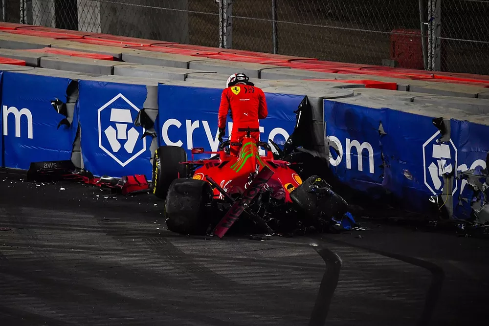 Charles Leclerc, Ferrari, crashes out of FP2