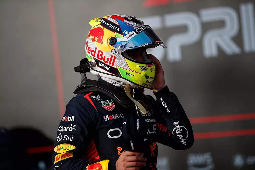 Sergio Perez, Red Bull Racing, in Parc Ferme after the Sprint race