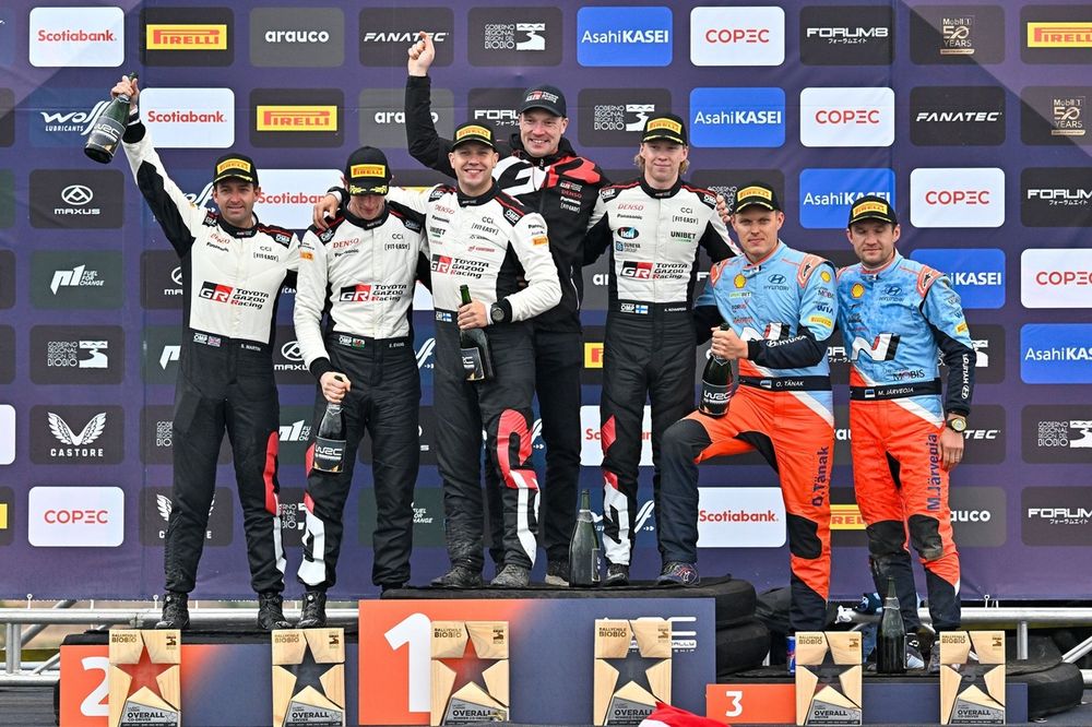 Podium: Winners Kalle Rovanperä, Jonne Halttunen, Toyota Gazoo Racing WRT Toyota GR Yaris Rally1, second place Elfyn Evans, Scott Martin, Toyota Gazoo Racing WRT Toyota GR Yaris Rally1, third place Ott Tänak, Martin Järveoja, Hyundai World Rally Team Hyundai i20 N Rally1