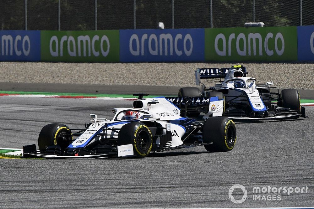 George Russell, Williams FW43, leads Nicholas Latifi, Williams FW43