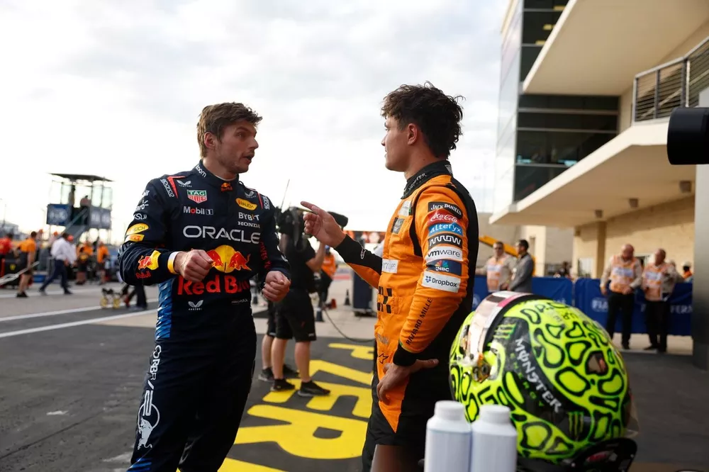 Max Verstappen, Red Bull Racing, Pole man Lando Norris, McLaren F1 Team, chat in Parc Ferme 