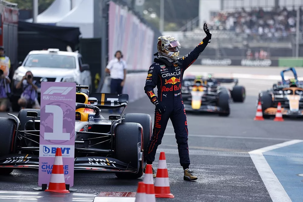 Max Verstappen, Red Bull Racing, celebrates in Parc Ferme after securing pole