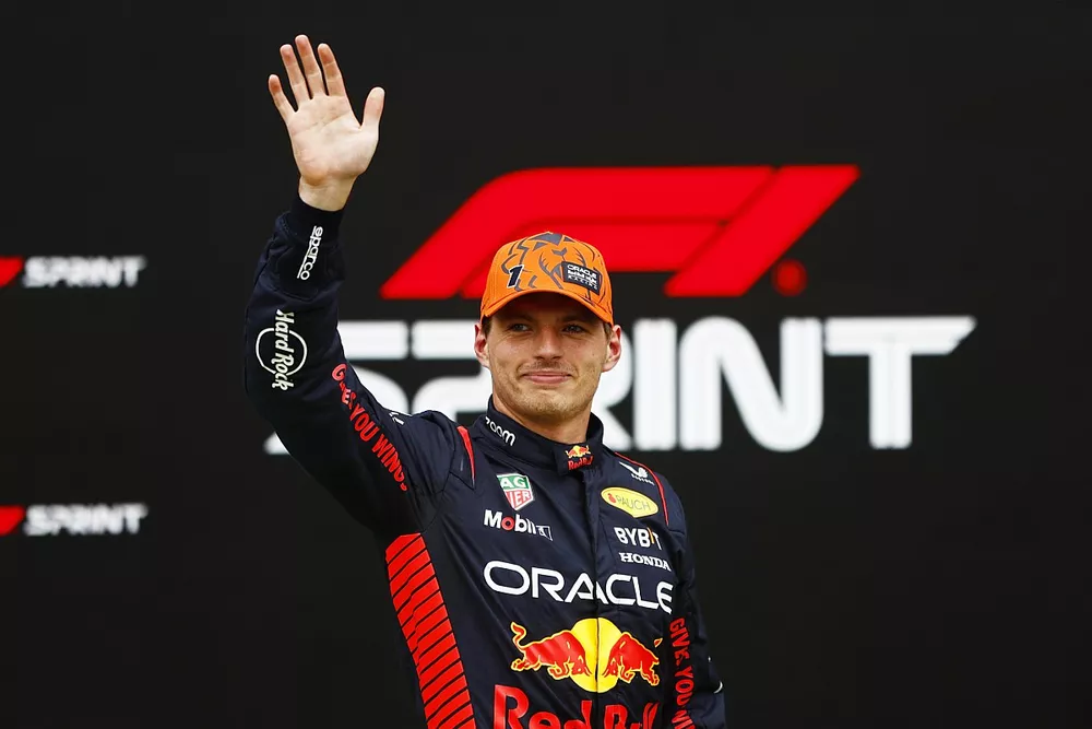Max Verstappen, Red Bull Racing, gives a thumbs up after winning the Sprint shootout