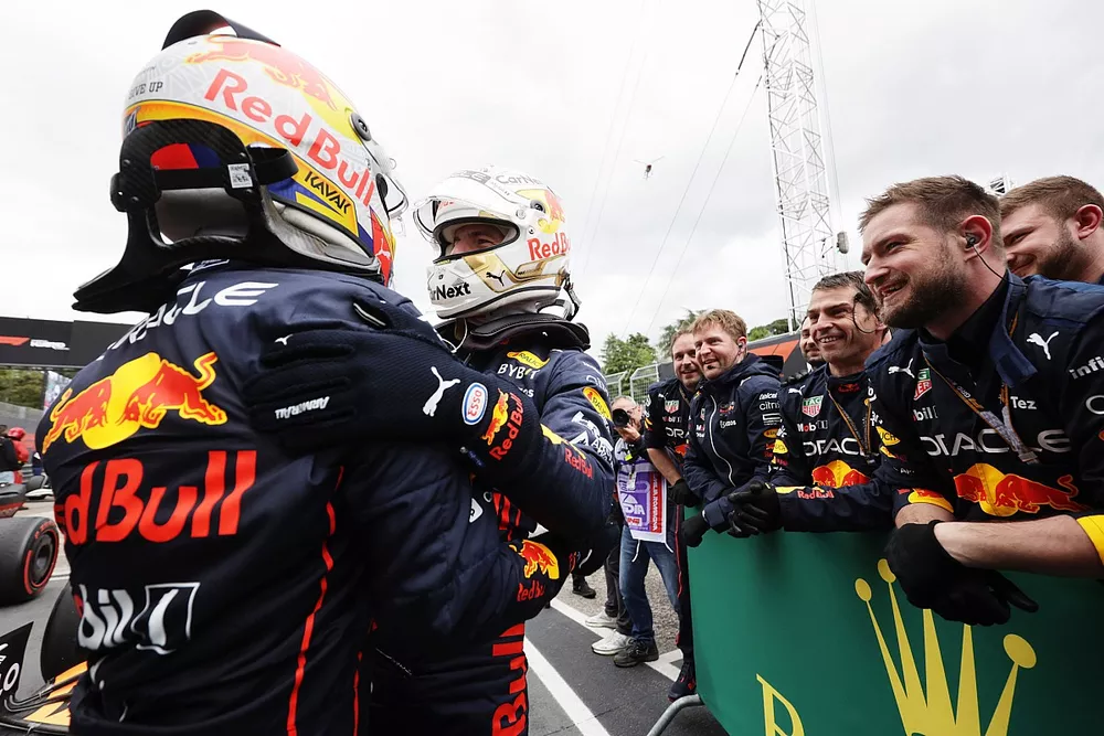 Race winner Max Verstappen, Red Bull Racing, second place Sergio Perez, Red Bull Racing