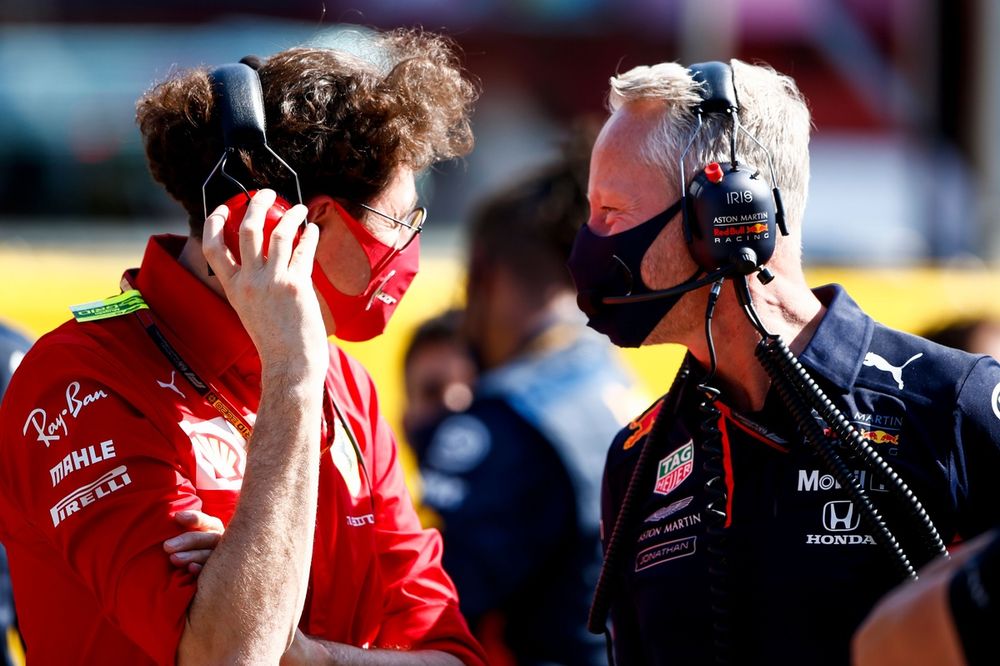 Mattia Binotto, Team Principal Ferrari, and Jonathan Wheatley, Team Manager, Red Bull Racing, talk on the grid