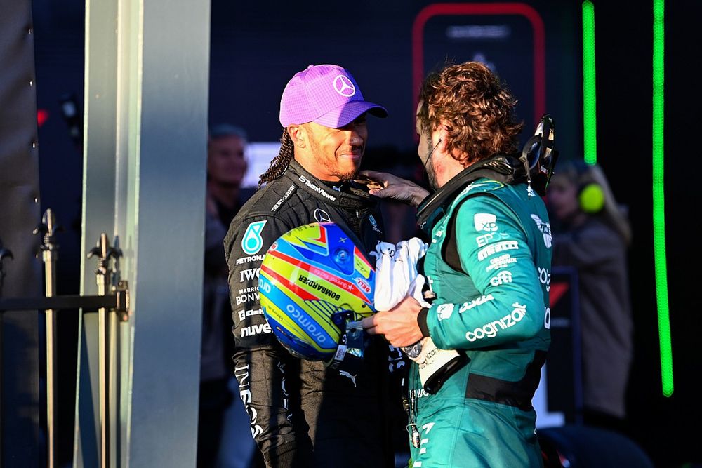 Lewis Hamilton, Mercedes-AMG, 2nd position, Fernando Alonso, Aston Martin F1 Team, 3rd position, congratulate each other in Parc Ferme