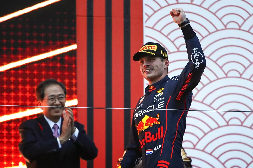 Max Verstappen, Red Bull Racing, 1st position, arrives on the podium
